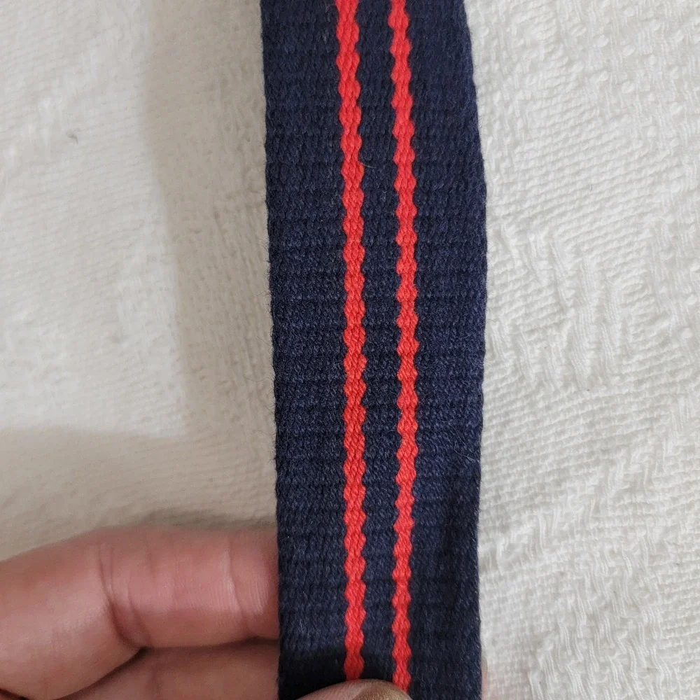 Mens Navy Red Striped Canvas Leather Belt Brass Italy Buckle Size 36 Preppy